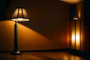 en lampa är på en trä- golv i en mörk rum. ai-genererad foto