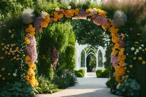 en skön archway med blommor och grönska. ai-genererad foto