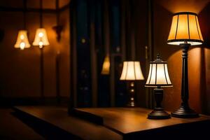 tre lampor på en tabell i en mörk rum. ai-genererad foto