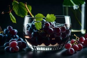 vindruvor i en glas med en flaska av vin. ai-genererad foto