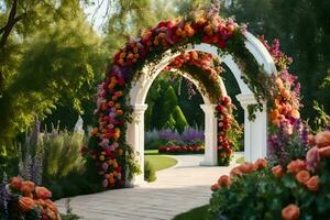 ett archway med blommor och grönska i de trädgård. ai-genererad foto