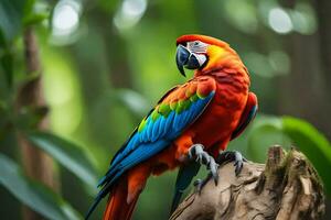 en färgrik papegoja sitter på en gren i de skog. ai-genererad foto