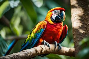 en färgrik papegoja sitter på en gren. ai-genererad foto