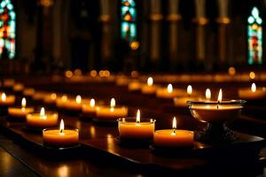 ljus är belyst i en kyrka med färgade glas fönster. ai-genererad foto