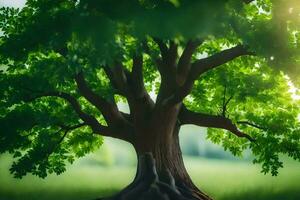 en träd med grön löv och rötter i de gräs. ai-genererad foto