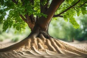 en träd med rötter växande ut av de sand. ai-genererad foto