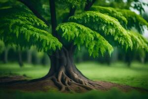en träd med grön löv och rötter i de mitten av en fält. ai-genererad foto