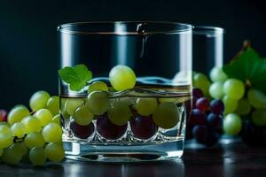 en glas av vin med vindruvor och löv. ai-genererad foto
