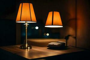 två lampor på en tabell i en hotell rum. ai-genererad foto