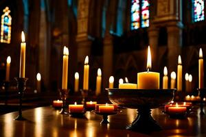 ljus är belyst i en kyrka med ljus i de bakgrund. ai-genererad foto