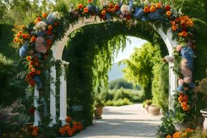 ett archway med blommor och grönska. ai-genererad foto