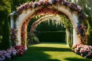 en skön archway med blommor och grönska. ai-genererad foto