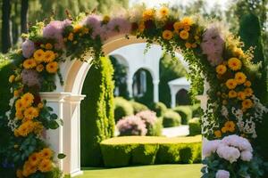 en bröllop båge dekorerad med blommor och grönska. ai-genererad foto