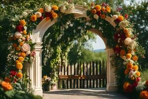 ett archway med blommor och grönska. ai-genererad foto