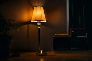 en lampa är på i en mörk rum. ai-genererad foto