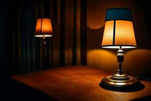 två lampor på en tabell i de mörk. ai-genererad foto