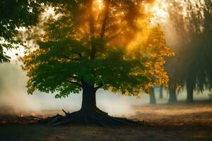 en träd i de dimma med de Sol lysande genom. ai-genererad foto
