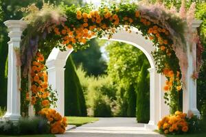 ett archway med orange blommor och grön löv. ai-genererad foto