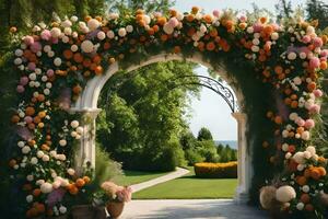 ett archway med blommor och en trädgård. ai-genererad foto
