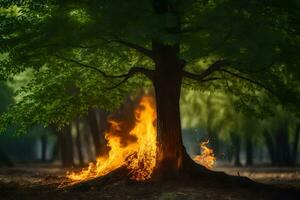 en träd med lågor kommande ut av den i de mitten av de skog. ai-genererad foto