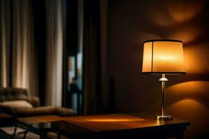 en lampa är på en tabell i en mörk rum. ai-genererad foto