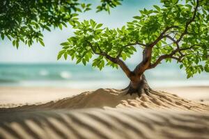 en träd växande ut av de sand på de strand. ai-genererad foto