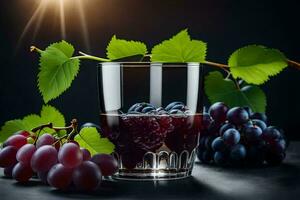 vindruvor och en glas av vin på en mörk bakgrund. ai-genererad foto
