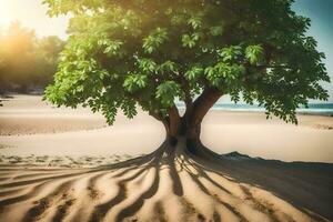 en träd med rötter på de strand. ai-genererad foto