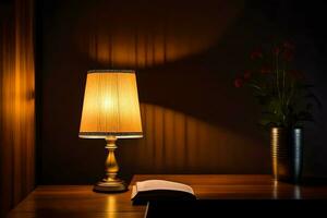 en lampa på en tabell i främre av en bok. ai-genererad foto