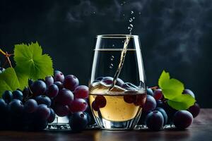 vin häller in i en glas med vindruvor. ai-genererad foto