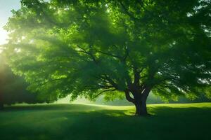 en träd i de mitten av en fält med de Sol lysande genom. ai-genererad foto