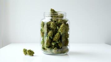 cannabis knoppar i en glas burk på en vit bakgrund. hampa rekreation, medicinsk användande, legalisering. ai-genererad foto