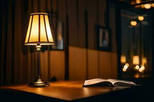 ett öppen bok och en lampa på en tabell. ai-genererad foto