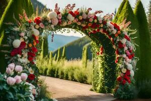 en bröllop båge dekorerad med blommor och grönska. ai-genererad foto