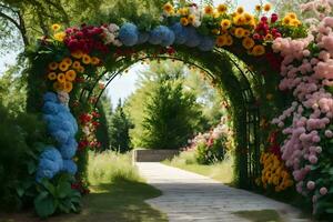 en gångväg med blommor och en Port den där leder till en trädgård. ai-genererad foto
