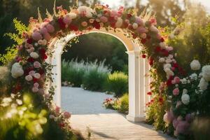 en bröllop båge med blommor i de trädgård. ai-genererad foto