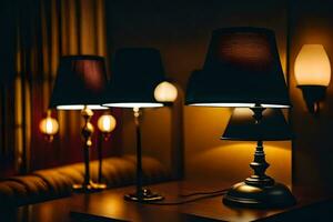 tre lampor är belyst upp i en mörk rum. ai-genererad foto