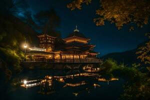 en kinesisk tempel belyst upp på natt i de berg. ai-genererad foto