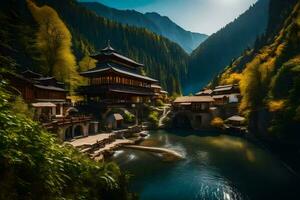 en skön kinesisk by i de berg. ai-genererad foto