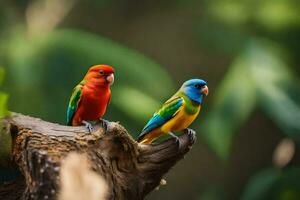 två färgrik fåglar Sammanträde på en gren. ai-genererad foto