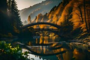 en bro över en flod i de mitten av en skog. ai-genererad foto