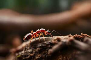ett myra är stående på en logga. ai-genererad foto