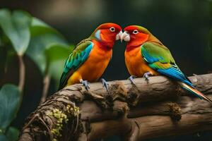 två färgrik fåglar är Sammanträde på en gren. ai-genererad foto