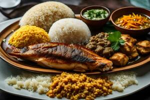 en tallrik av fisk, ris och grönsaker är eras på en trä- tabell. ai-genererad foto