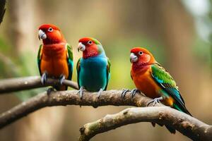 tre färgrik fåglar Sammanträde på en gren. ai-genererad foto