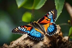 en färgrik fjäril sitter på en träd gren. ai-genererad foto