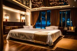 en sovrum med en stor säng och en tak ljus. ai-genererad foto