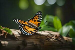 en fjäril är Sammanträde på en logga i de skog. ai-genererad foto