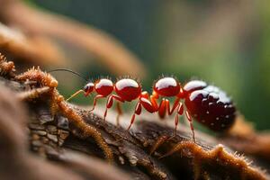 en röd myra är gående på en träd gren. ai-genererad foto