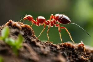 en röd myra gående på en träd trunk. ai-genererad foto